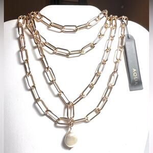 NEW 34" PAPERCLIP NECKLACE Gold Plate & Pearl Aqua Bloomingdales Double Strand